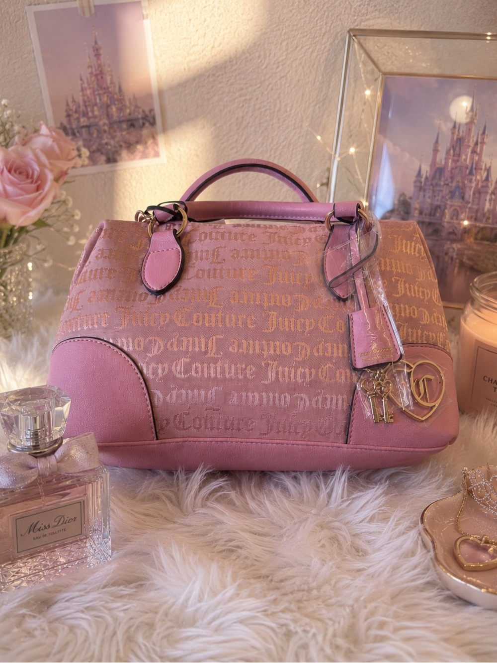 Juicy Couture Pink Logo Jacquard Satchel with Gold Accents
